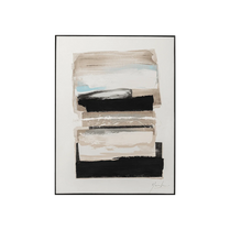 Abstract art piece with horizontal brush strokes in black, white, and beige on a white background.