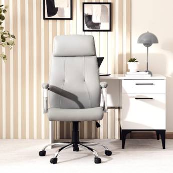 White office chair in a room with striped wallpaper and a desk.