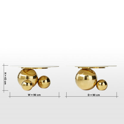 Gold spherical table with dimensions on a white background