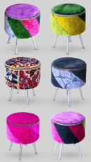 Colorful patchwork stools on a gray background