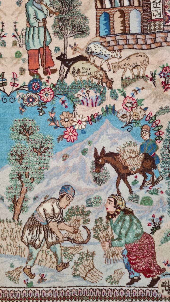 Embroidered scene with people, animals, and buildings on a textured fabric background- Luxury Rug Handmade Persian Rug | Handmade in Iran – C-7 | Luxury Living Room Décor