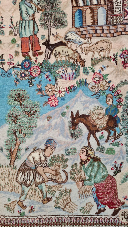 Embroidered scene with people, animals, and buildings on a textured fabric background- Luxury Rug Handmade Persian Rug | Handmade in Iran – C-7 | Luxury Living Room Décor