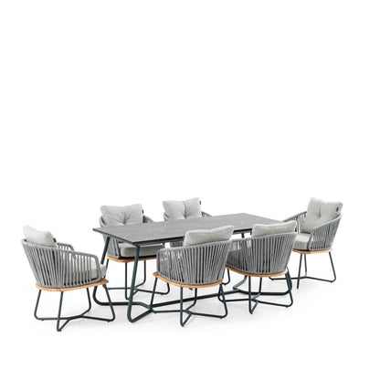 Outdoor furniture set with a square table and six chairs on a white background
