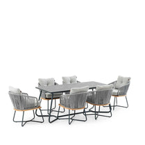 Outdoor furniture set with a square table and six chairs on a white background