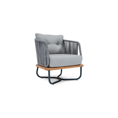 Modern arm chair with gray cushion and wooden base on a white background