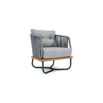 Modern arm chair with gray cushion and wooden base on a white background