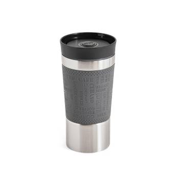 Gray and silver travel mug on a white background