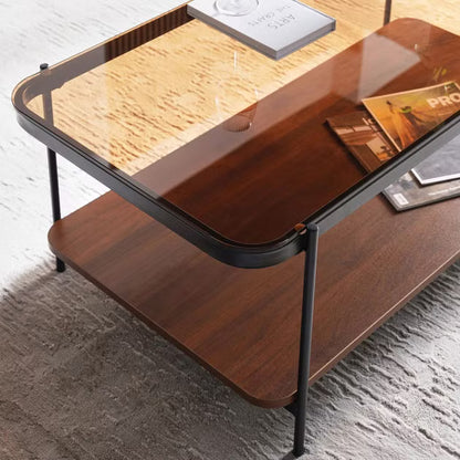Wooden coffee table with glass top on a gray floor- Nya Coffee Table – Brown Wood Finish