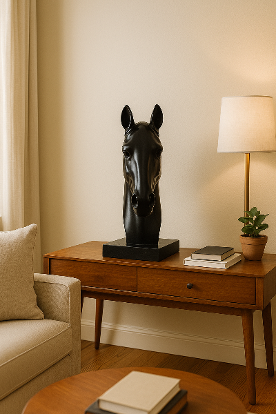 Black horse head sculpture on a wooden side table with a lamp and books in a room- Onyx Rider – Minimalist Equine Décor 