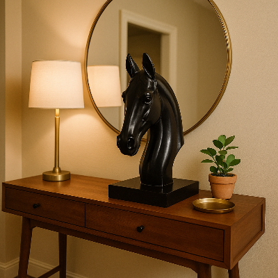 Black horse head sculpture on a wooden table with a lamp, mirror, and plant in a room- Onyx Rider – Minimalist Equine Décor