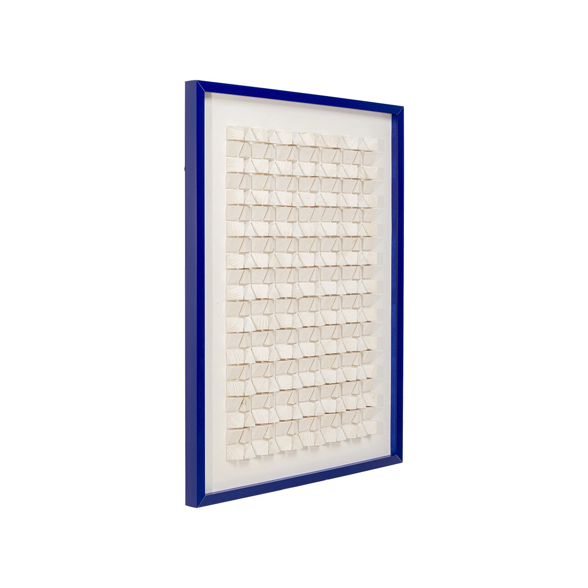 Decorative wall art with a blue frame and white mosaic design on a white background