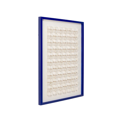 Decorative wall art with a blue frame and white mosaic design on a white background