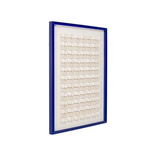 Decorative wall art with a blue frame and white mosaic design on a white background