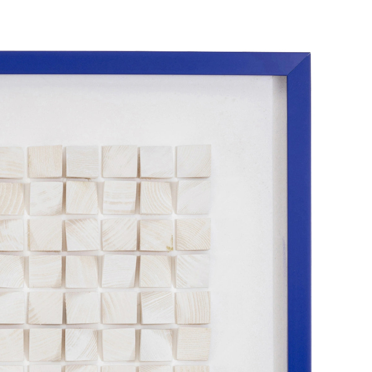 Blue-framed wall art with a white square pattern