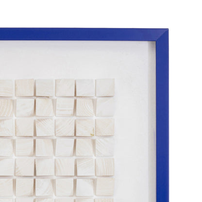Blue-framed wall art with a white square pattern