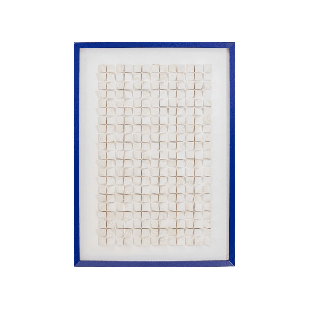 Framed artwork with a blue border on a white background