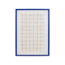Framed artwork with a blue border on a white background