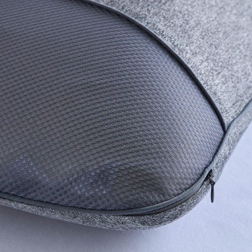 Gray textured zippered pouch on a light gray background