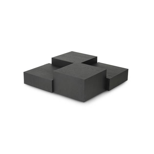 Black geometric sculpture on a white background