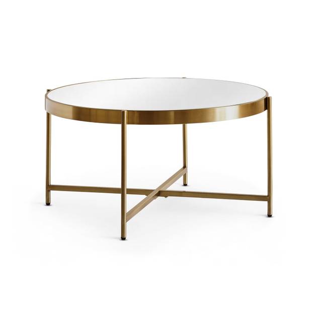 Round glass table with gold metal frame on a white background