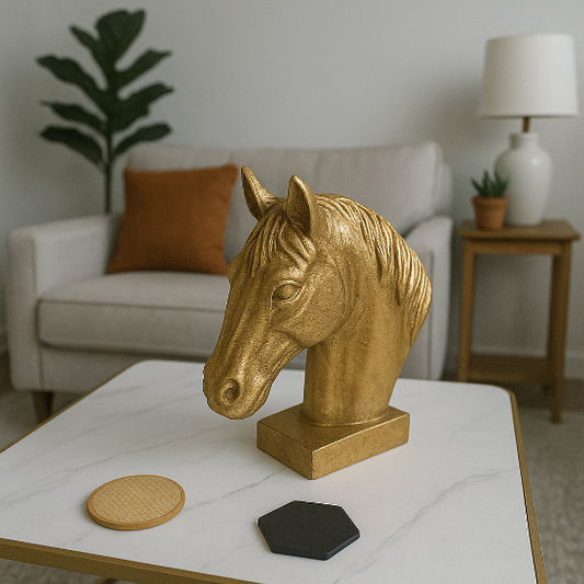 Gold horse head sculpture on a marble table in a living room setting- Regal Gold Horse Head Sculpture – Modern Decorative Accent