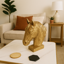 Gold horse head sculpture on a table in a living room setting- Regal Gold Horse Head Sculpture – Modern Decorative Accent