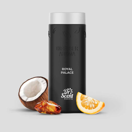 Black diffuser bottle labeled 'Royal Palace' by Dr. Scent with a coconut, amber stone, and orange slice on a light gray background.