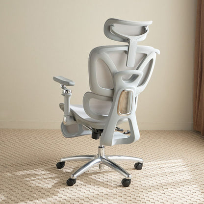 Modern office chair with adjustable features on a beige carpeted floor.