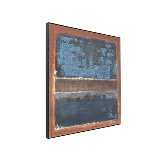 Abstract art piece with blue and brown tones in a black frame on a white background