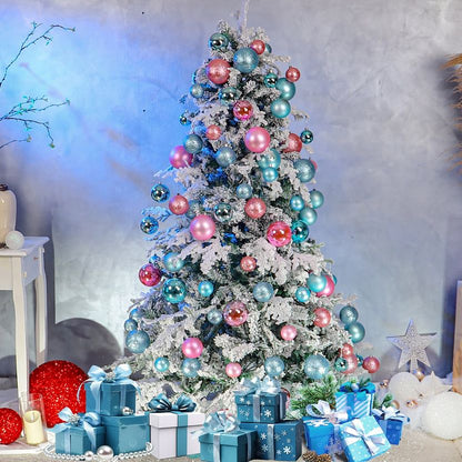Decorated Christmas tree with colorful ornaments and presents underneath in a room setting.