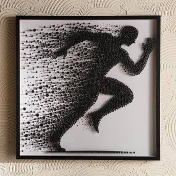 Framed artwork of a running figure made from black dots on a white background, displayed on a textured wall.