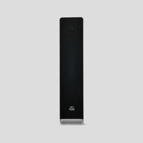 Black electronic device with brand logo on a light gray background
