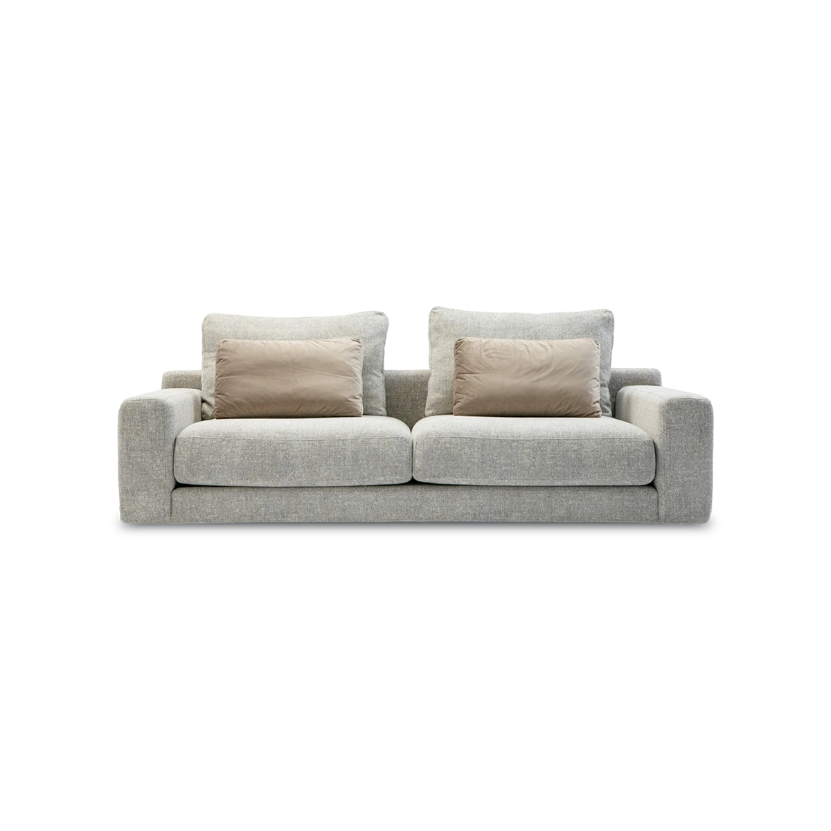 Gray sofa with beige cushions on a white background