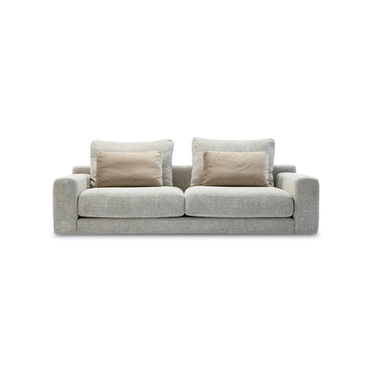 Gray sofa with beige cushions on a white background