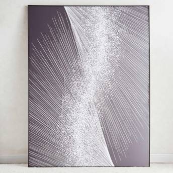 Abstract art piece with wavy lines and gradient in a frame on a white wall.