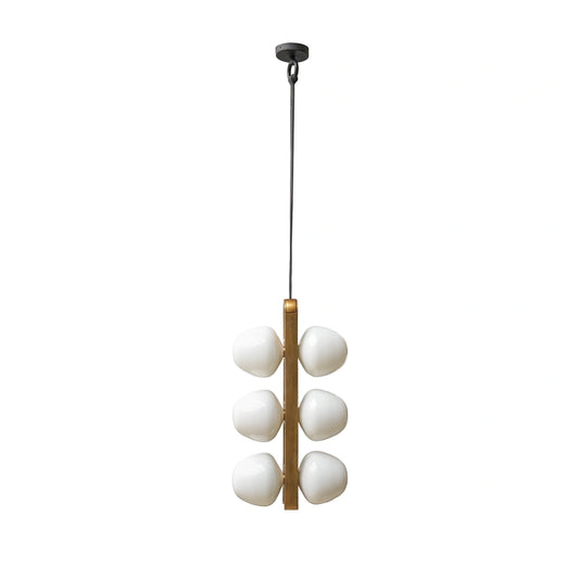 Modern pendant light with white spherical bulbs and gold accents on a white background