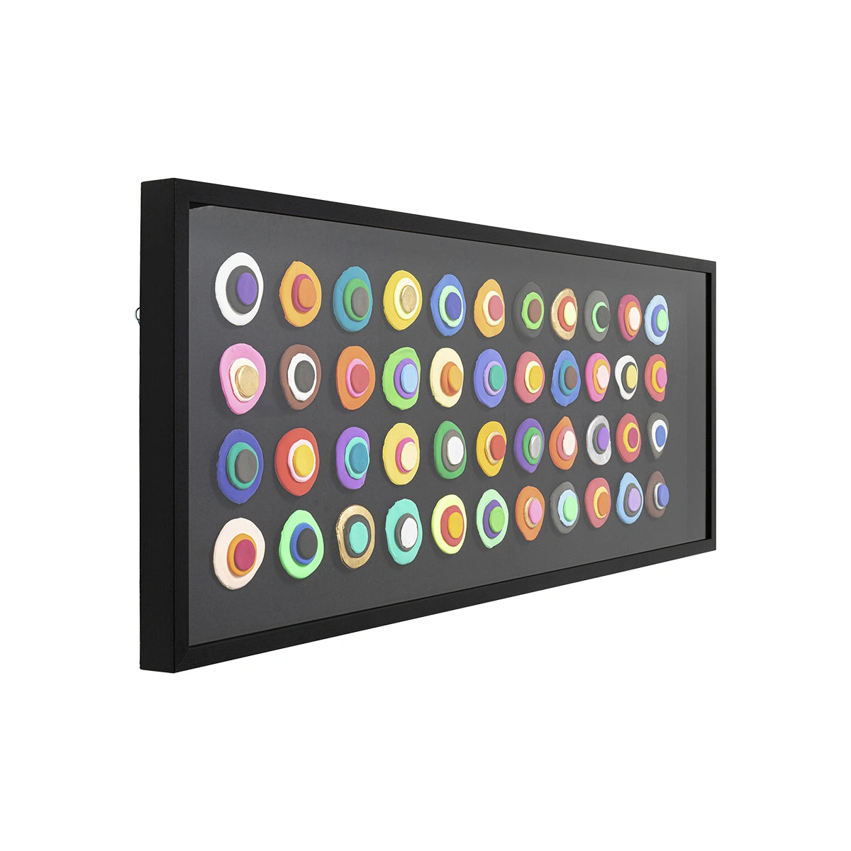 Rectangular light panel with colorful circular patterns on a white background