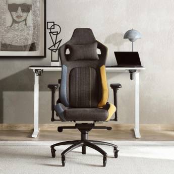 Ergonomic office chair in a modern office setting with a desk and decor.