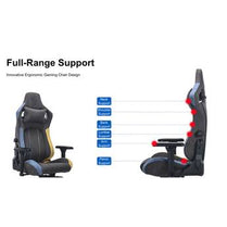 Gaming chair and steering wheel with labeled features on a white background