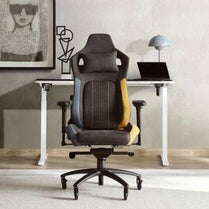 Ergonomic office chair in a modern office setting with a desk and decor.