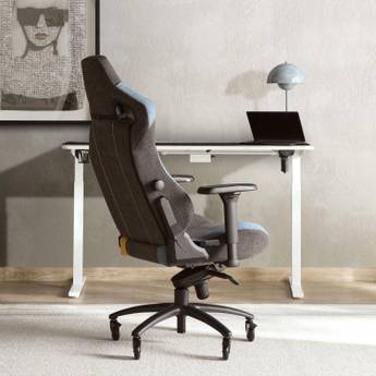 Ergonomic office chair in a modern office setting with a desk and laptop.