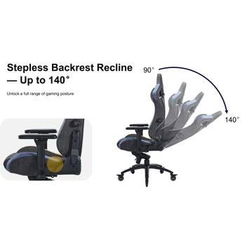Gaming chair with stepless backrest recline feature on a white background