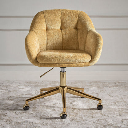 Gold textured office chair on a wooden floor with a neutral wall background