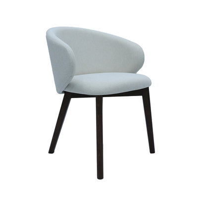 Modern chair with light gray cushioned backrest and seat on black legs against a white background