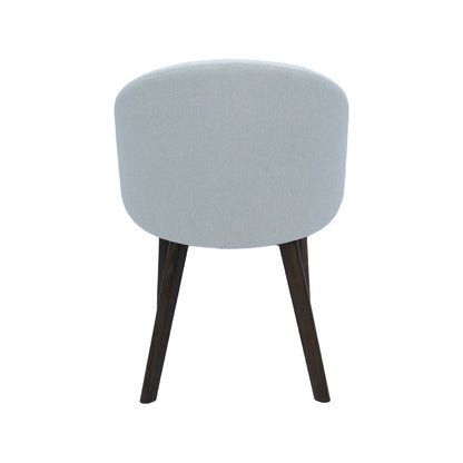 Light gray chair with dark wooden legs on a white background