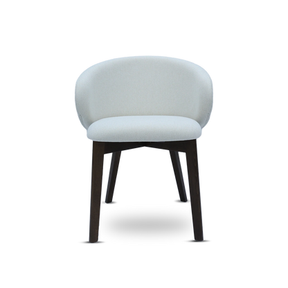 White chair with dark wooden legs on a white background
