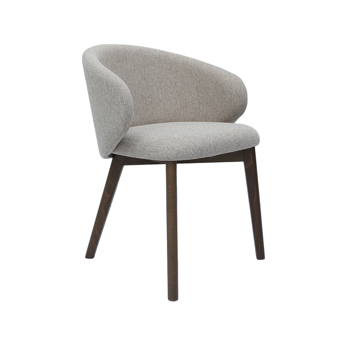 Gray upholstered chair with wooden legs on a white background