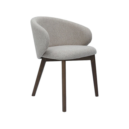 Gray upholstered chair with wooden legs on a white background