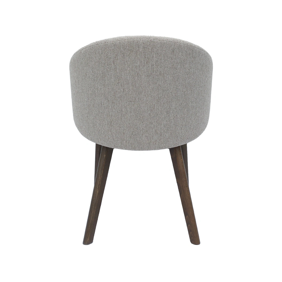 Gray upholstered chair with wooden legs on a white background