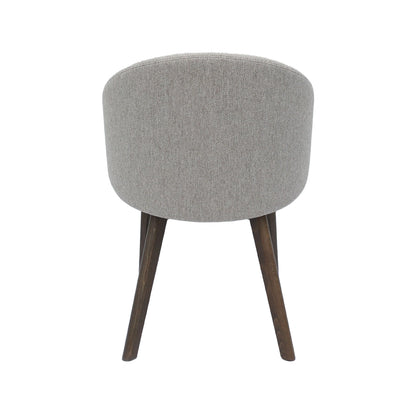 Gray upholstered chair with wooden legs on a white background